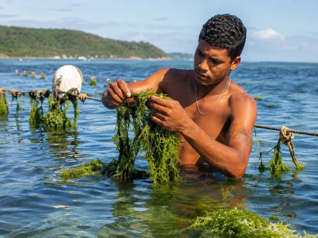 Jovem produtor colhendo macroalgas marinhas amarradas em cordas na água em algocultura costeira