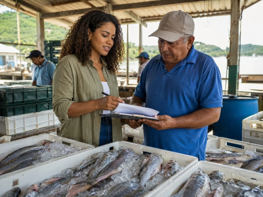 Técnica conversando com produtor anotando dados em prancheta próximo a caixas de peixes com gelo