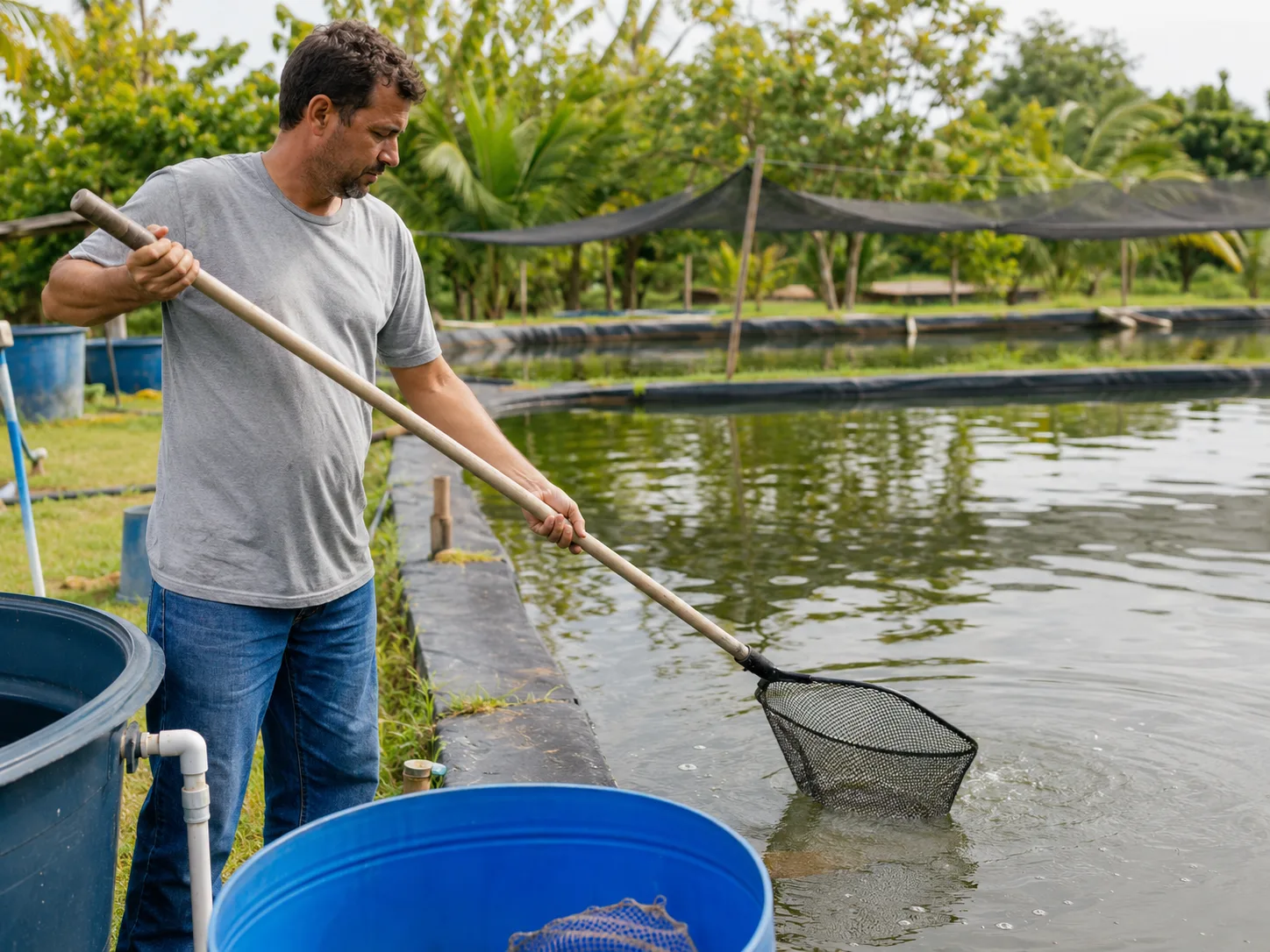 Produtor manejando viveiro com boas práticas aquícolas