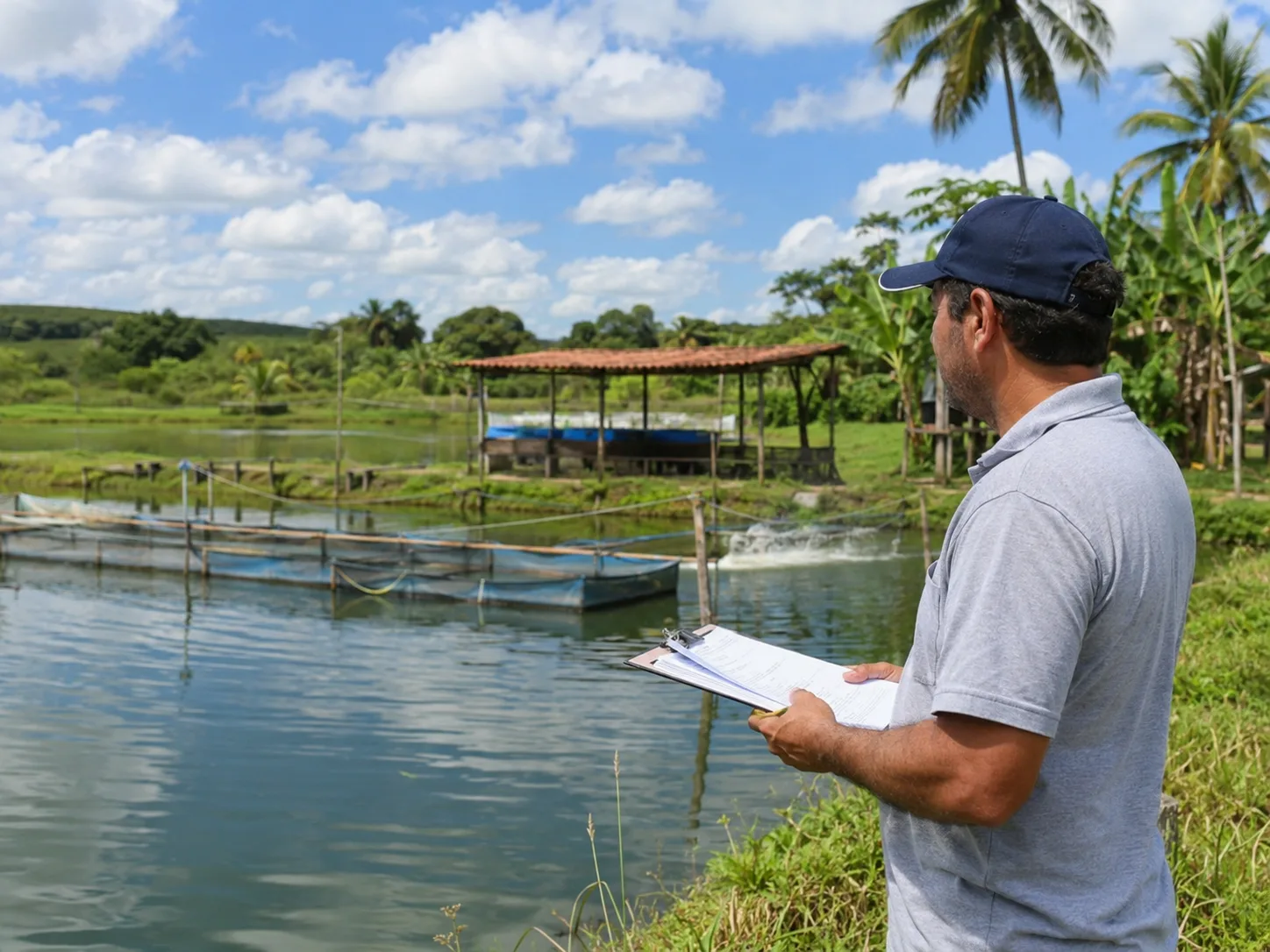 Produtor rural avaliando documentos em viveiro de aquicultura