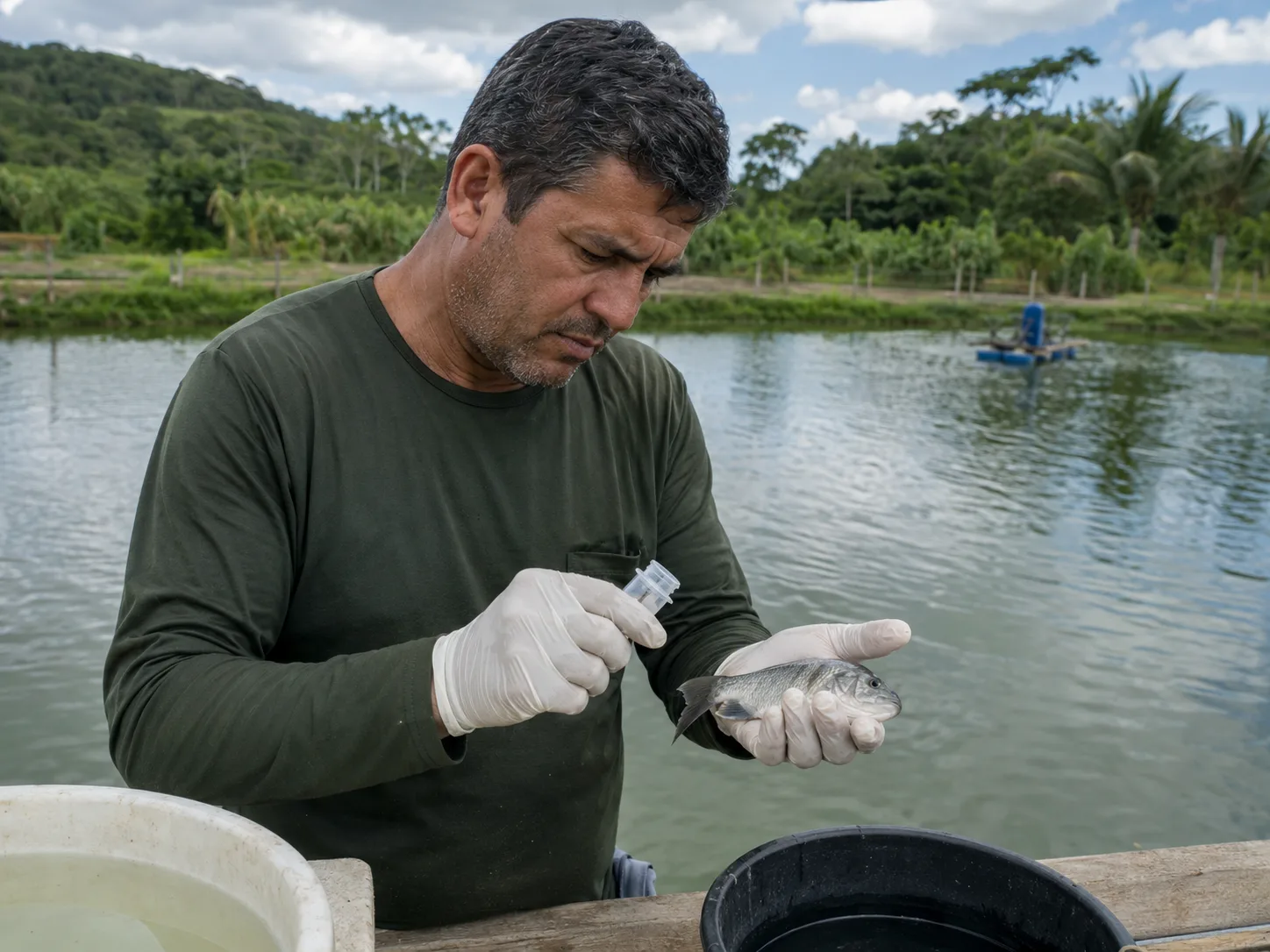 Produtor examinando peixe para controle sanitário em viveiro